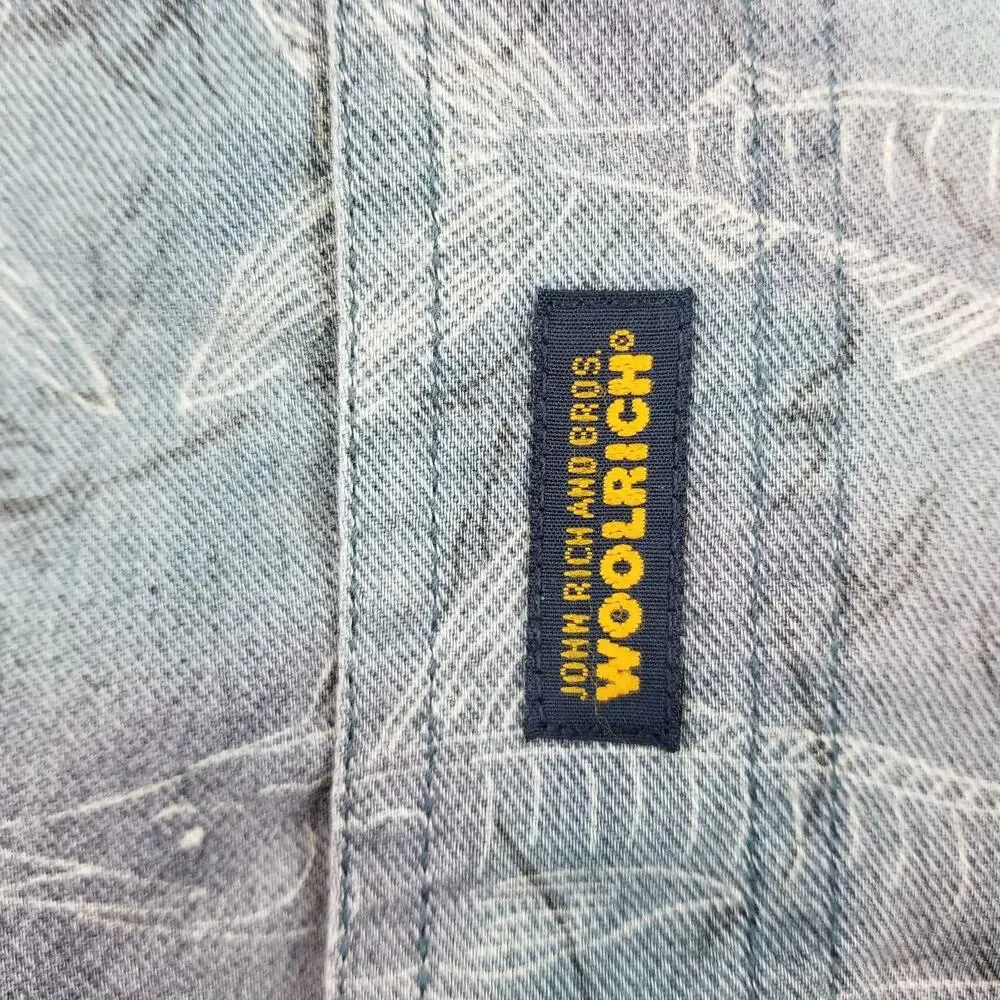 Vintage Woolrich Shirt Mens 2XL Blue Fish Print Button Down Short Sleeve Fishing